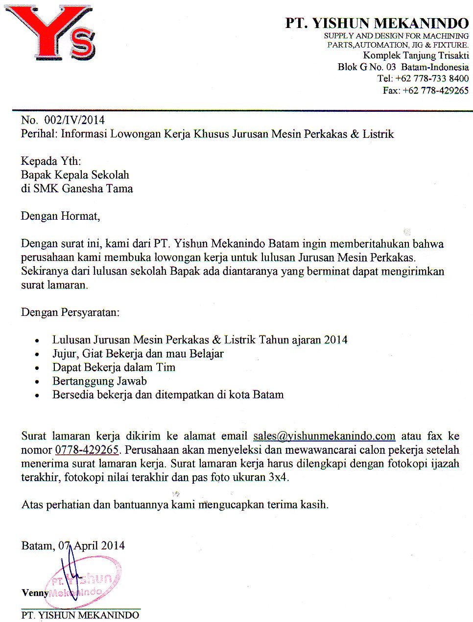 Lowongan PT Yishun Mekanindo