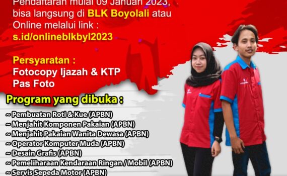 Di Buka Pendaftaran Pelatihan Kerja BLK Boyolali
