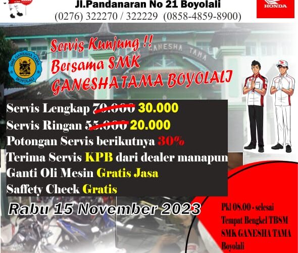 Servis Kunjung AHASS SUMBER JAYA SAKTI MOTOR di Bengkel TSM SMK Ganesha Tama Boyolali (Semua merk Motor) .
