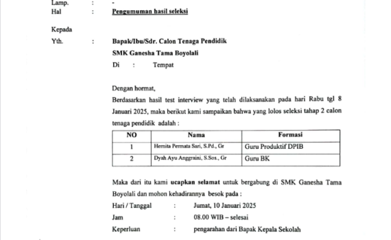 Pengumuman Seleksi Calon Tenaga Pendidik SMK Ganesha Tama Boyolali Pengumuman Seleksi Calon Tenaga Pendidik SMK Ganesha Tama Boyolali